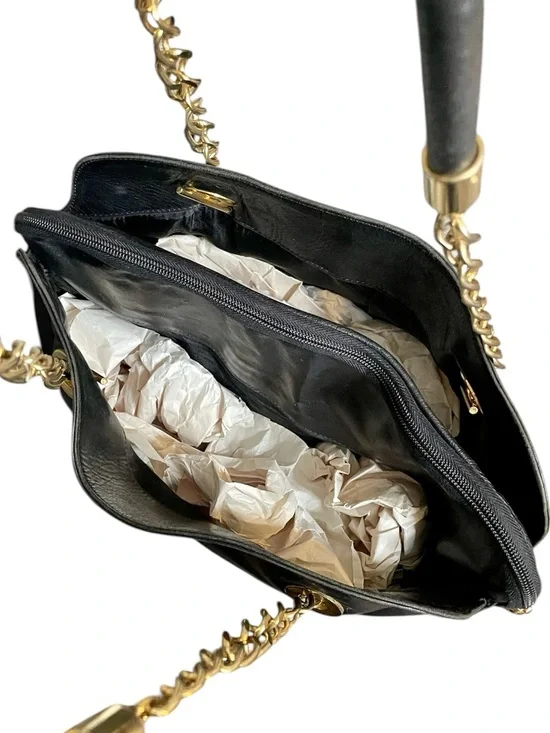 Via Veneto Vintage Black Leather Triple Compartment Tote Dual Gold Chain Handles - Picture 5 of 13